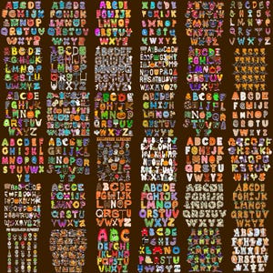 May include: A collection of multiple alphabet sets featuring various Halloween-themed designs, including monsters, pumpkins, ghosts, and skeletons. Each set displays the letters A through Z in distinct styles, colors, and patterns on a dark background.