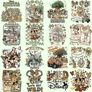 Puede incluir: Una colección de diseños gráficos con temática de Disney con Mickey Mouse, el Pato Donald y otros personajes en entornos de safari y reino animal. Los diseños incluyen texto como "Animal Kingdom" y "Mickey's Safari Travel & Co."