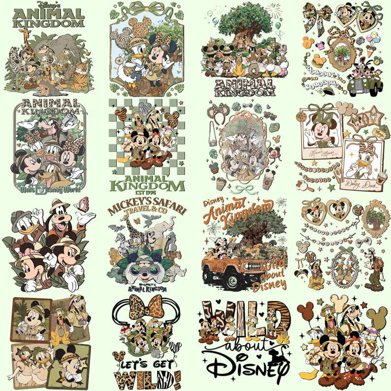 K&ouml;nnte beinhalten: Eine Sammlung von Disney-Grafikdesigns mit Micky Maus, Donald Duck und anderen Figuren in Safari- und Tierreich-Umgebungen. Designs enthalten Texte wie "Animal Kingdom" und "Mickey's Safari Travel & Co."