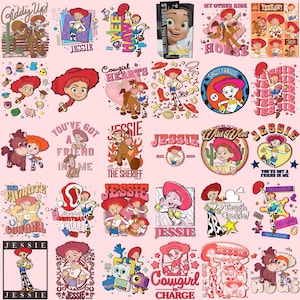 May include: A collection of Jessie from Toy Story themed graphics and merchandise. The designs include illustrations of Jessie, the cowgirl character, with various phrases and imagery, set against a pink background.