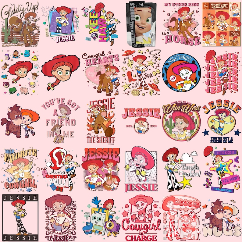 May include: A collection of Jessie from Toy Story themed graphics and merchandise. The designs include illustrations of Jessie, the cowgirl character, with various phrases and imagery, set against a pink background.