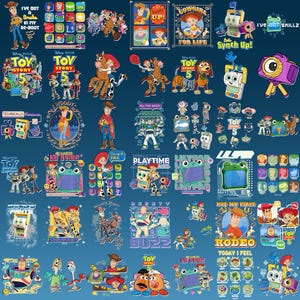 May include: A selection of vibrant graphic designs showcasing characters and themes from the animated film "Toy Story." The designs include images of Woody, Buzz Lightyear, Jessie, and other characters, with text such as "Toy Story 5" and "Rodeo."