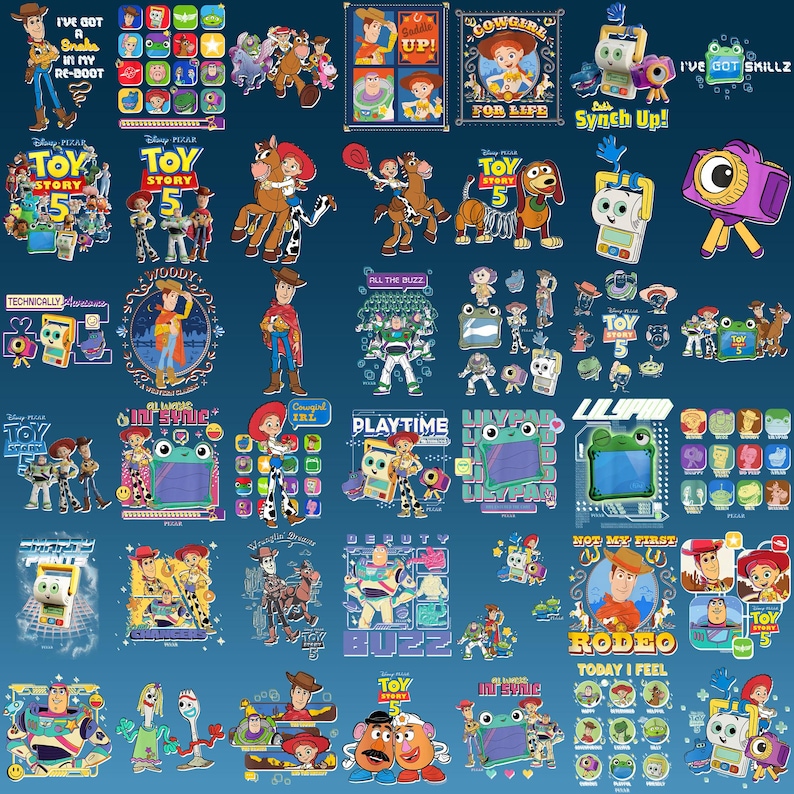 Puede incluir: Una colecci&oacute;n de dise&ntilde;os gr&aacute;ficos coloridos con personajes y temas de la pel&iacute;cula animada "Toy Story". Los dise&ntilde;os incluyen im&aacute;genes de Woody, Buzz Lightyear, Jessie y otros personajes, con texto como "Toy Story 5" y "Rodeo."