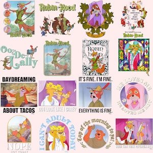 Puede incluir: Una colección de gráficos coloridos de Disney Robin Hood. Las imágenes presentan personajes como Robin Hood, Marian y el Sheriff de Nottingham, con texto como "Daydreaming About Tacos" y "It's Fine. I'm Fine."