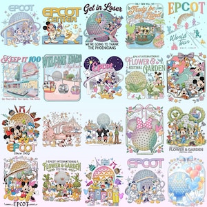 May include: A collection of colorful graphic designs featuring the EPCOT theme park. The designs include images of Mickey Mouse, Donald Duck, and other Disney characters, along with the EPCOT sphere and various text elements. The designs are in a variety of styles.
