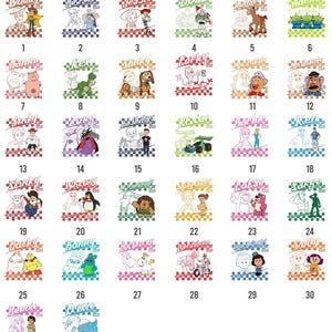 May include: A collection of 32 cartoon character designs, each with a name and number. The characters include Woody, Buzz, Jessie, and others from a popular animated film series. The text "CHOOSE YOUR CHARACTER" is at the top.
