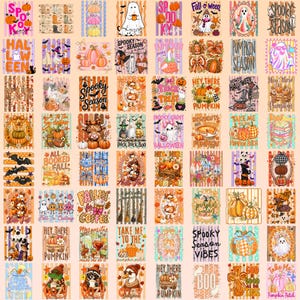 May include: A digital collage sheet featuring numerous individual Halloween and autumn-themed graphic designs, including pumpkins, ghosts, ducks, bats, and seasonal text phrases arranged in a grid pattern on a light peach background.
