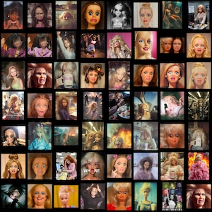 May include: A grid of doll faces with various expressions, including surprise, anger, and sadness. The dolls have different hairstyles and makeup, with some images in black and white. The overall theme is a collage of emotional expressions.