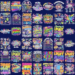 May include: A collection of colorful graphic designs featuring the text Illumination Station VBS 2026, Jesus is the Light of the World, and Shining a Light on Who Jesus Really Is, with illustrations of lanterns, flashlights, and disco balls.