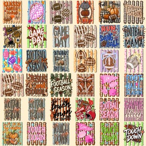 May include: A collection of thirty-five square graphic designs featuring football-themed illustrations, including pumpkins, helmets, bows, and text such as Football Season, Game Day, and Touchdown, arranged in a grid on a light beige background.