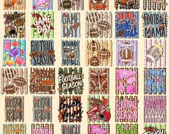 May include: A collection of thirty-five square graphic designs featuring football-themed illustrations, including pumpkins, helmets, bows, and text such as Football Season, Game Day, and Touchdown, arranged in a grid on a light beige background.