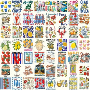 Puede incluir: Una colección de pegatinas coloridas con temática italiana, con limones, tomates, mariscos y frases como "Ciao Bella" y "La Dolce Vita". Los diseños incluyen ilustraciones de comida, scooters y escenas costeras.