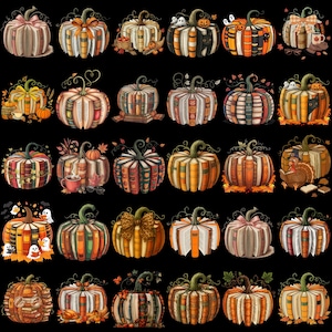 May include: A collection of thirty illustrations featuring pumpkins crafted from stacked books. Each pumpkin displays various book spine colors, patterns, and seasonal accents like ghosts, cats, turkeys, bows, and autumn leaves on a black background.