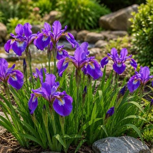 May include: A cluster of vibrant purple iris flowers with long, slender green leaves. Each bloom features delicate petals with white and yellow markings at the center. The flowers are positioned among natural stones and lush green foliage.