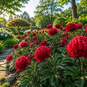 May include: A vibrant garden path lined with lush green foliage and blooming red peonies. The sun shines through the trees, illuminating the flowers and stone pathway. A beautiful landscape scene.