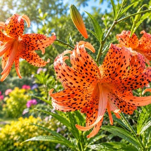May include: Vibrant orange tiger lilies featuring dark brown spots on the recurved petals. The flowers are displayed on green stems with pointed leaves, accompanied by several unopened flower buds under bright, natural sunlight.