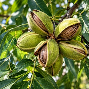 May include: A cluster of ripening pecans hanging from a tree branch. Each nut is encased in a thick, fibrous green husk that is splitting open to reveal the textured, brown, woody shell of the pecan inside, surrounded by serrated green leaves.