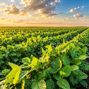 May include: A vast agricultural field planted with rows of vibrant green soybean plants under a bright blue sky with scattered clouds at sunset. The low sun casts a warm golden light across the lush foliage and the dark, tilled soil rows.