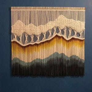 Large Macrame Wall Hanging, Boho Mountain Landscape Fiber Art, Woven Tapestry
