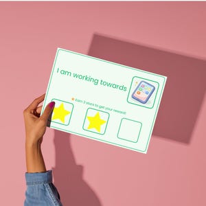 May include: A white reward chart with the text "I am working towards" and a graphic of a smartphone. The chart has two yellow stars filled in and space for a third. The text "Earn 3 stars to get your reward!" is also included.