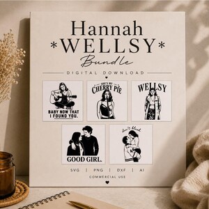 May include: A digital download bundle featuring the text Hannah WELLSY Bundle and five black and white illustrations of people. The designs include a person playing guitar, a person singing, a person standing, a couple, and a couple embracing.