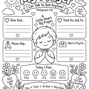 Może przedstawiać: Czarno-biała kolorowanka zatytułowana My Prayer I Can Talk to God Anytime z modlącym się dzieckiem pośrodku. Strona zawiera sekcje do zapisywania modlitw, tracker nastroju z pięcioma twarzami oraz ilustracje kwiatów.