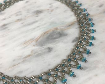 Silver and blue 90's style seed bead choker