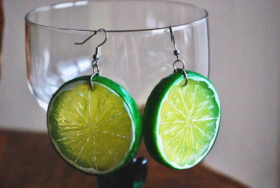 Lime Slice Earrings Green Plastic Fruit Lime Earrings Dangly