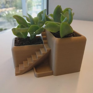 May include: A tan-coloured, two-tiered planter with a staircase design, holding two green succulents. The planter is made of a solid material and sits on a white surface, with a window in the background.