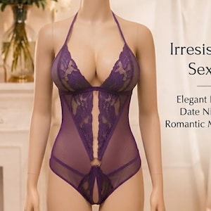 May include: A purple lace bodysuit on a mannequin featuring a halter neckline, sheer mesh panels, and a central metal ring detail. The text reads: Uniquelwear, Irresistibly Sexy, Elegant Lace, Date Night, Romantic Moments.