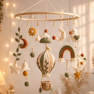 Boho Baby Mobile Crochet Pattern | Hot Air Balloon Nursery Mobile | Sun Moon Rainbow Cloud | DIY Amigurumi Baby Crib Mobile PDF digital