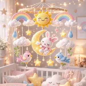 May include: Crochet baby mobile featuring a sun, rainbows, clouds, stars, and a bunny on a crescent moon. The mobile is suspended above a crib with pillows and a blanket. Text on the image reads "CROCHET PATTERN BABY MOBILE" and "DIGITAL DOWNLOAD".