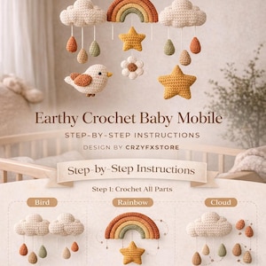 Schema per mobile all'uncinetto per neonati in formato PDF – Mobile per cameretta con nuvole e arcobaleno – Amigurumi, stelle, uccelli, gocce di pioggia – Download digitale