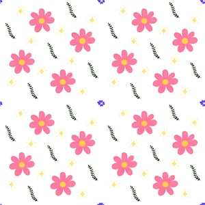 Könnte beinhalten: Ein sich wiederholendes Muster auf weißem Hintergrund mit rosa Blüten und gelben Mitten, kleinen dunkelgrünen Blattzweigen, winzigen gelben vierzackigen Sternen und gelegentlichen kleinen violetten Blütengruppen in einem Raster.