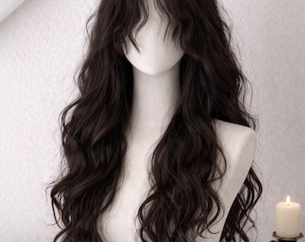 French Vintage Curly Wool Wig Long Retro Wavy Wig with Bangs Heat Resistant Synthetic Wig for Daily Wear Gift