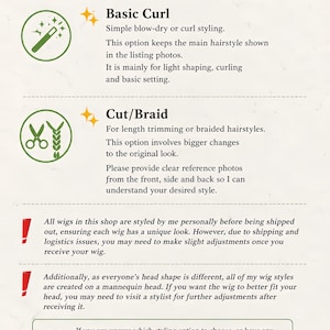May include: A customisation guide for wigs featuring text and icons. It outlines two styling options: Basic Curl for light shaping and Cut/Braid for length trimming or braids. It includes notes on shipping adjustments and professional fitting.