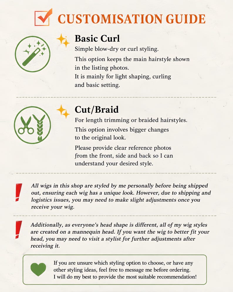 May include: A customisation guide for wigs featuring text and icons. It outlines two styling options: Basic Curl for light shaping and Cut/Braid for length trimming or braids. It includes notes on shipping adjustments and professional fitting.