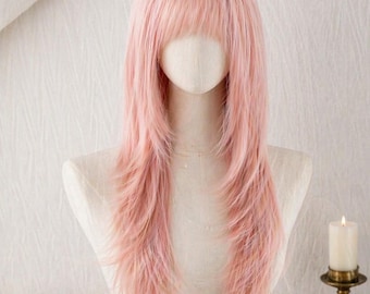 High-Layered Soft Pink Straight Wig with Full Bangs | Heat-Resistant Synthetic Hair Long Straight Wig, Soft Girl Aesthetic, Gift for Her