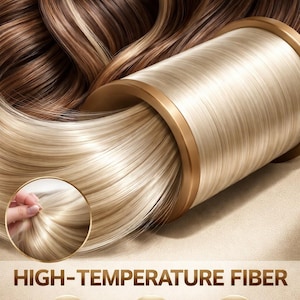 May include: A spool of straight, light blonde hair fiber resting against wavy, dark brown and blonde highlighted hair. The text reads HIGH-TEMPERATURE FIBER, HEAT RESISTANT, SOFT & NATURAL, and TANGLE-FREE, accompanied by three circular icons.