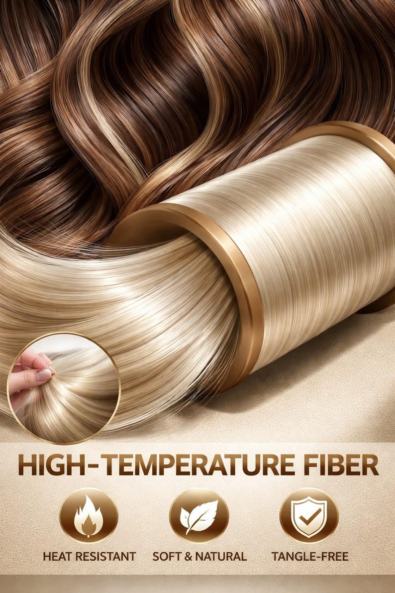 May include: A spool of straight, light blonde hair fiber resting against wavy, dark brown and blonde highlighted hair. The text reads HIGH-TEMPERATURE FIBER, HEAT RESISTANT, SOFT & NATURAL, and TANGLE-FREE, accompanied by three circular icons.