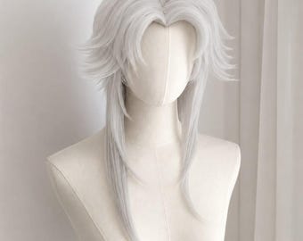 White Silver Layered Men Wig Spiky Fluffy Cosplay Wig Anime Character Short Layered Flipped Wig Synthetic Hair for Men