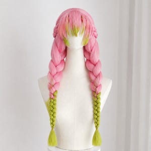 Pink and Lime Gradient Long Braided Wig – Anime Cosplay Female Character Costume Wig for Roleplay & LARP