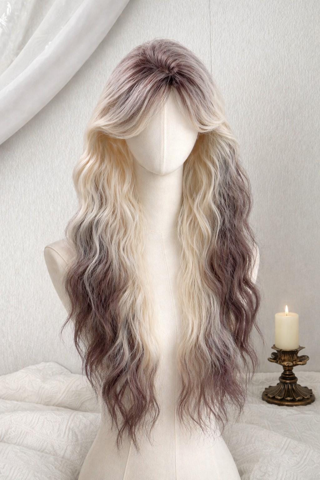 Highlighted Long Wool Curl Wig with Dark Roots Cream Blonde Brown Wavy Wig Soft Girl Aesthetic Cosplay Wig Gift for Her