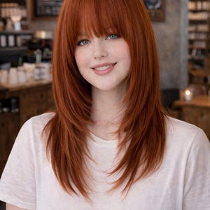 May include: A person with long, layered, auburn hair and a fringe, wearing a white t-shirt. The person is smiling, with a blurred background of a cafe setting.