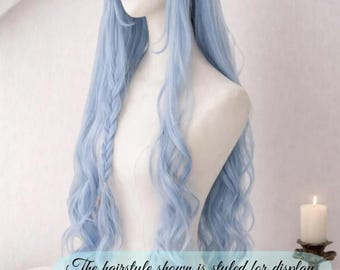 Light Blue Long Wavy Cosplay Wig Soft Layered Bangs 90cm Anime Style Wig Heat Resistant Synthetic Hair Gift for Her
