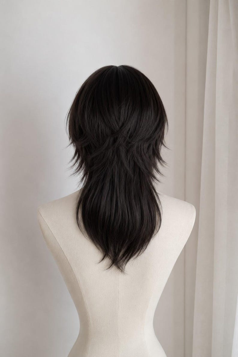 May include: A dark brown wig featuring a layered, shaggy cut with shorter, textured pieces at the crown and longer, tapered strands extending down the back. The hair is styled with a voluminous, feathered appearance and a soft, natural-looking finish.