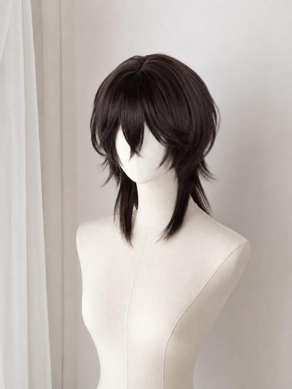 Dark Brown Layered Wolf Cut Wig with Long Bangs, Shaggy Unisex Cosplay Wig, Anime Costume Hair for Men and Women