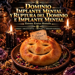 Puede incluir: Un pan redondo dorado al horno con una cara sonriente tallada en un plato oscuro. Una pequeña tarjeta de papel con el texto 'Mea Paktum' está insertada en la parte superior. El fondo presenta texto dorado, dos velas negras y flores secas.