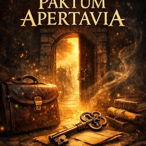 May include: An artistic image with the text "Ritual de Apertura Laboral: Paktum Apertavia". A leather briefcase, antique key, and books are in the foreground. A stone archway leads to a glowing city.
