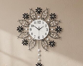 Large Crystal Pendulum Wall Clock, Silent Metal Dandelion Design, Oversized Decor